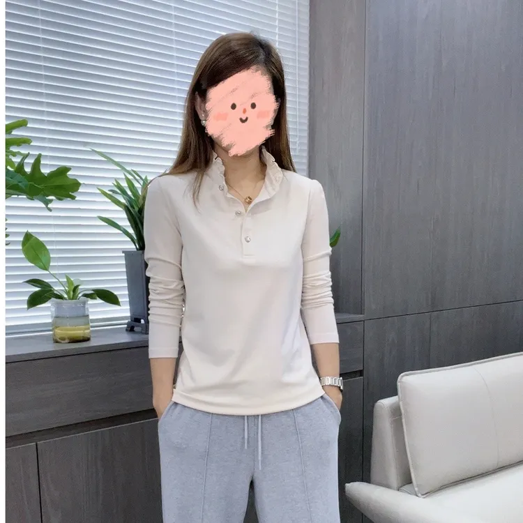2025秋季肌底棉-木耳花边长袖立领系扣洋气长袖打底衫女