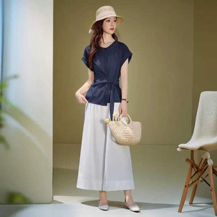 夏装新款时尚套装短袖胖MM显瘦气质高腰复古法式收腰阔腿裤两件套