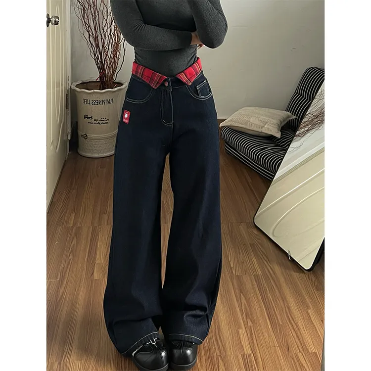 美式Kitty猫印花阔腿牛仔裤裤子女款2026春季新款格纹腰头阔腿裤