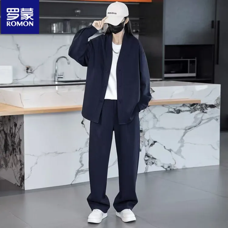 罗蒙2025秋冬季新款开衫套装宽松时尚男士休闲两件套加绒加厚保暖