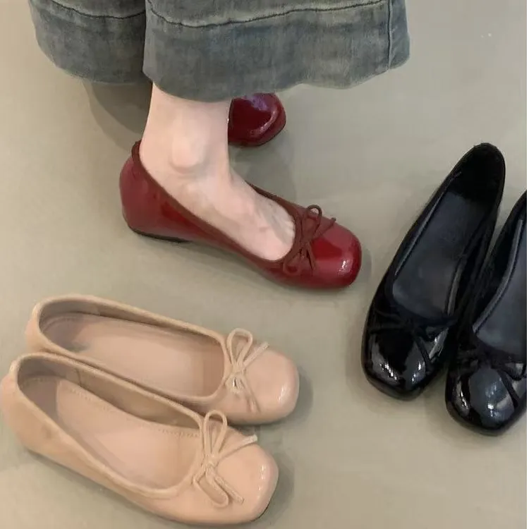 内增高法式蝴蝶结红色单鞋女2025春秋仙女温柔配裙子圆头浅口瓢鞋
