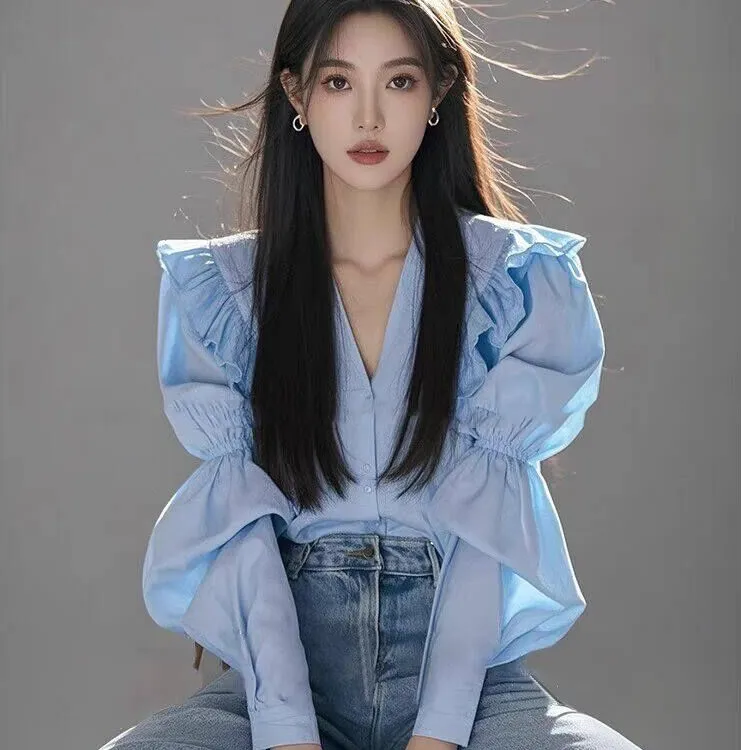 炸街独特漂亮小衫蓝色泡泡袖衬衫2025新款超火女装春季高级感轻奢