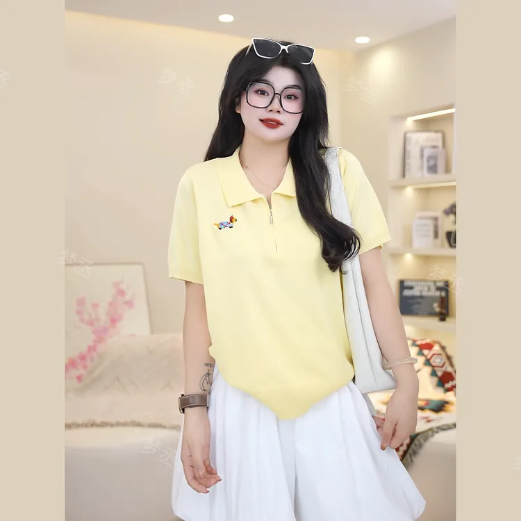 梦丞-胖妹妹大码女装夏季POLO领腊肠狗刺绣时尚百搭短袖T恤上衣