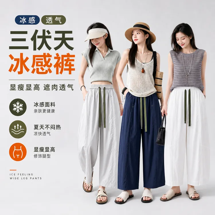 【三伏天冰感裤】新款夏季九分薄款气球阔腿裤女宽松显瘦休闲裤8960
