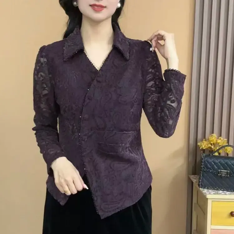 2025秋季长袖植绒蕾丝衬衫领开衫气质百搭显瘦女人味上衣913