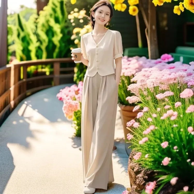 夏季2025年新款干练气质百搭高级感洋气时尚杏色上衣裤子两件套装