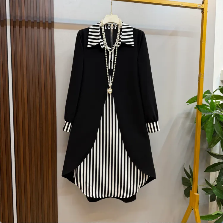 新款大码女装时尚气质简约慵懒风宽松拼接显瘦撞色微胖连衣裙