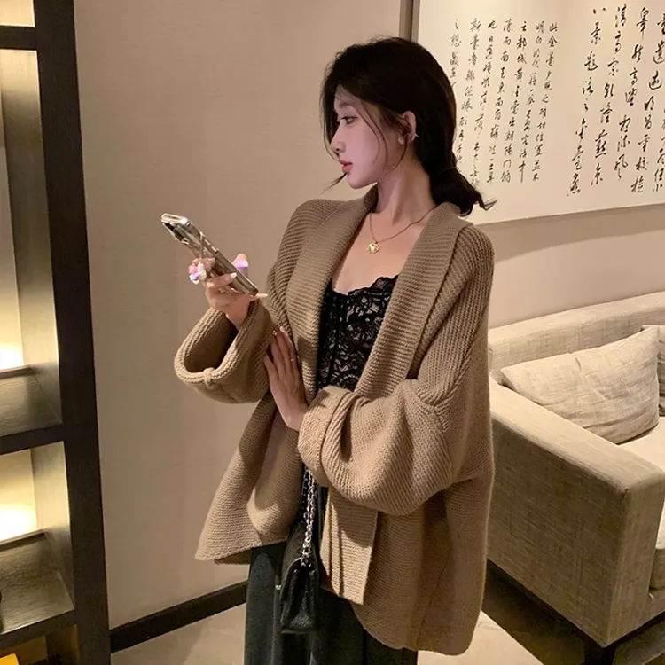 秋冬显瘦翻领落肩针织开衫宽松慵懒中长款系带外搭长袖外套