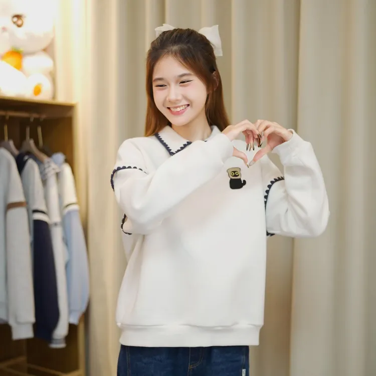 新款加绒加厚落肩袖初中生卫衣女学院风时尚高中学生大童秋冬季