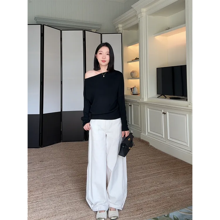 郭九九呢 羊毛斜肩宽松显瘦针织衫毛衣高腰直筒阔腿裤 G925A13959