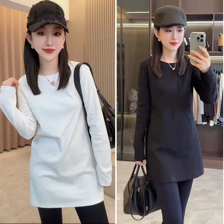 欧货纯色中长款T恤衫长袖打底衫时尚洋气百搭上衣爆款通勤慵网红