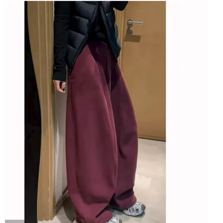 冬季2025欧货新款加厚加绒松紧腰宽松女无廓形弯刀阔腿气球裤女