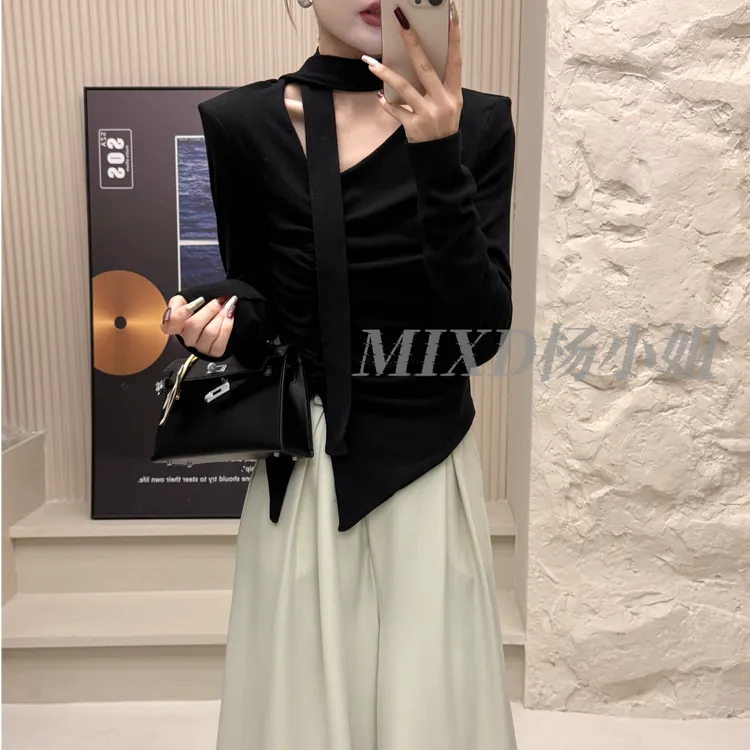 【MIX杨小姐定制】2025秋款飘带厚料斜领褶皱气质百搭上衣