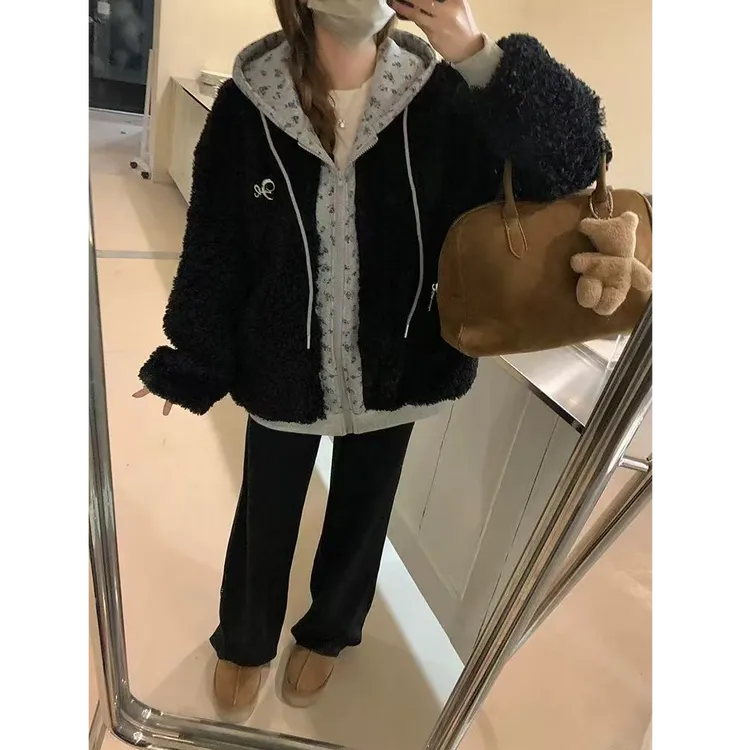 新款大码设计感碎花撞色慵懒风假两件加厚宽松外套