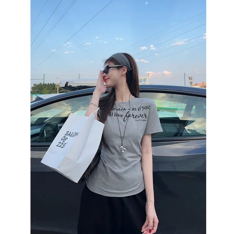 【ZHAP】收腰修身辣妹正肩短袖收腰显瘦t恤女春秋款甜美多巴胺上衣