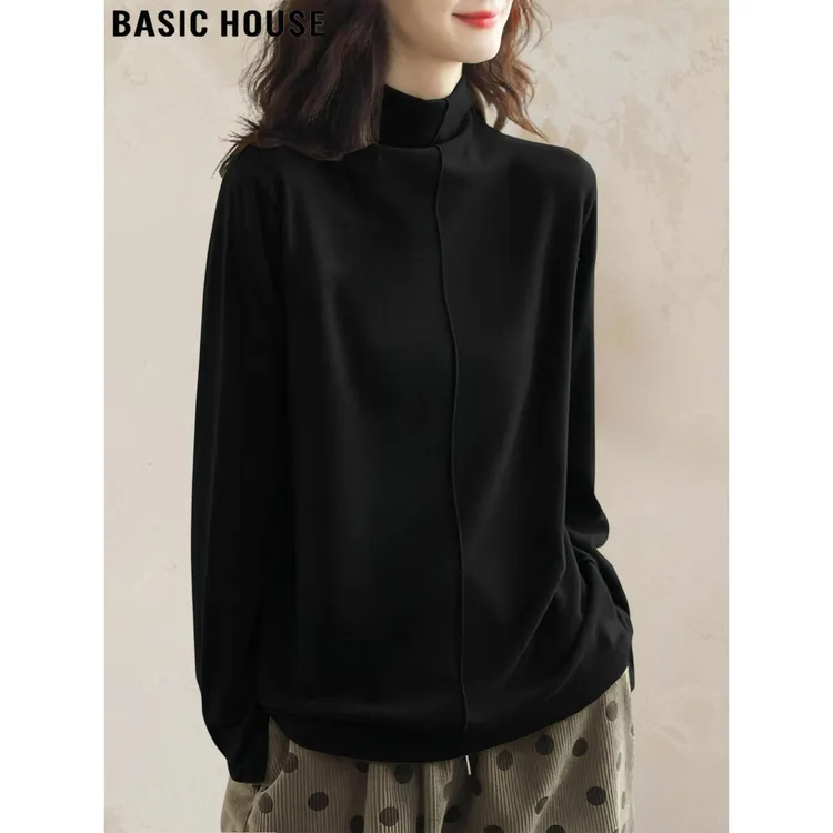 Basic House/百家好黑色半高领加厚长袖T恤女2025秋冬打底衫上衣
