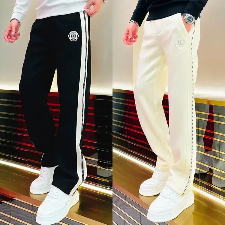 秋冬新款简约修身直筒百搭品质运动潮流裤子男款加绒长裤c条纹