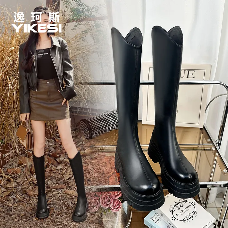 骑士靴女厚底增高长筒靴2025新款秋季小个子V口不过膝长筒长靴