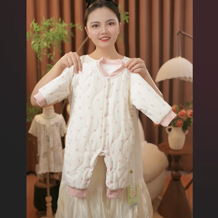 水波纹波点婴儿夹棉连体衣薄棉保暖衣无骨哈衣爬服150g