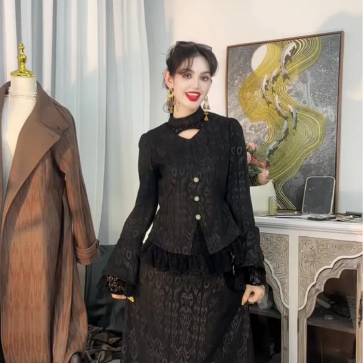 【蕾丝拼接两件套】灯芯绒 金属气质网红秋冬松紧宽松紧身百搭