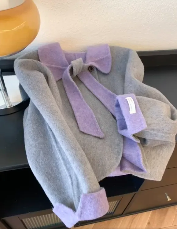 韩版复古撞色娃娃领外套女短款秋冬新款系带小个子外套百搭时尚