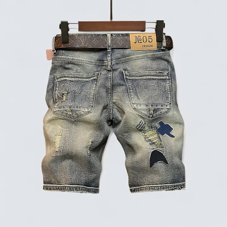 五分裤宽松薄款夏季重工刺绣直筒牛仔短裤男破洞潮牌大码胖子复古