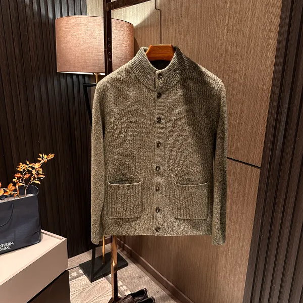 【欧美复古 100%绵羊毛】秋冬新款男士简约百搭立领开衫羊毛衫外套