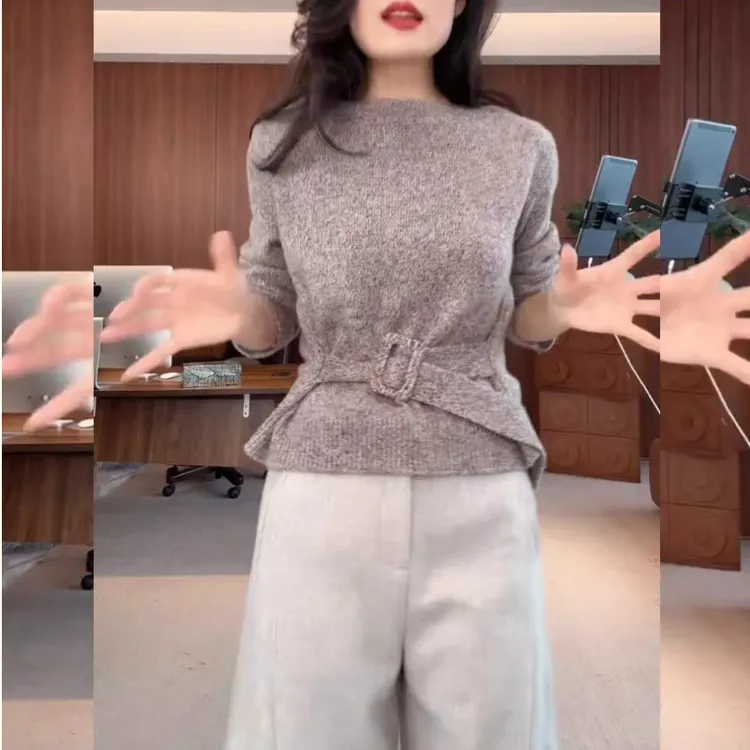 优雅大方秋冬可内搭灰色毛衣女小众时尚简约名媛卡扣收腰长袖上衣