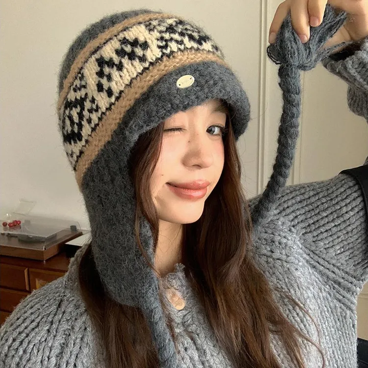 费尔岛提花～秋冬保暖毛线针织拉法帽子女防寒护耳雷锋包头帽韩ins