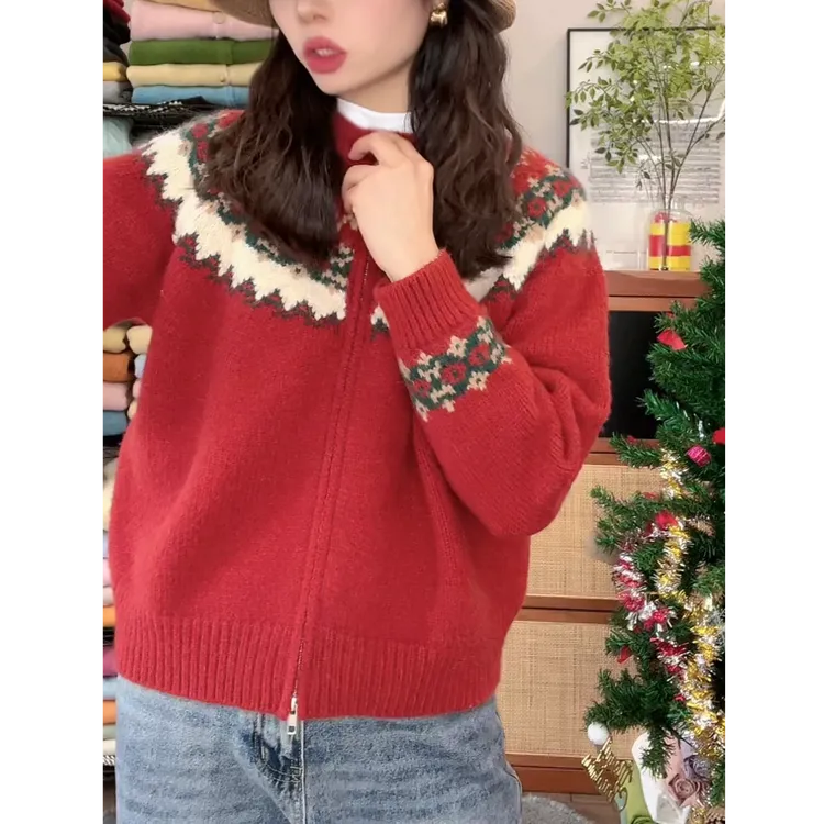 【费尔岛开衫】拉链开衫外套针织毛衣冬季新款韩版提花复古宽松百搭