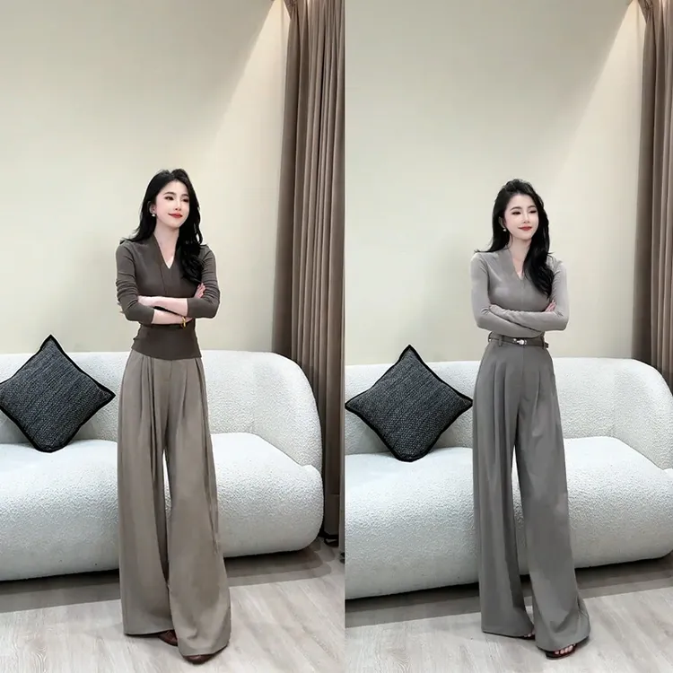 2025秋季新款设计感时尚慵懒风长袖V领上衣女休闲阔腿裤两件套装 