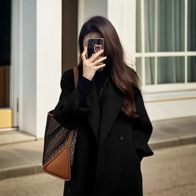 GiftPalm秋冬黑色毛呢外套女新款韩系高级感赫本风中长款加厚大衣