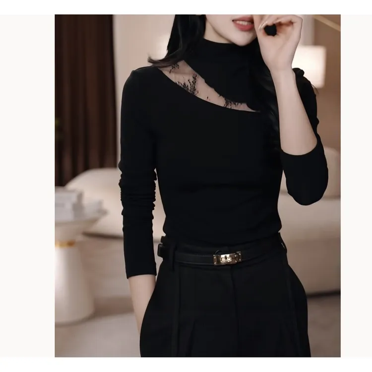 【江南美人】新款网纱拼接长袖T恤女设计感加绒加厚打底衫上衣