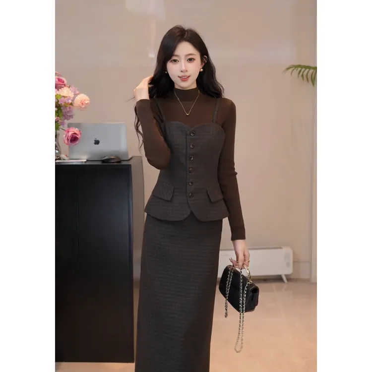 YUANLIANSU/圆脸酥【 砚雪烹茶】高级感打底衫+马甲+半身裙三件套女