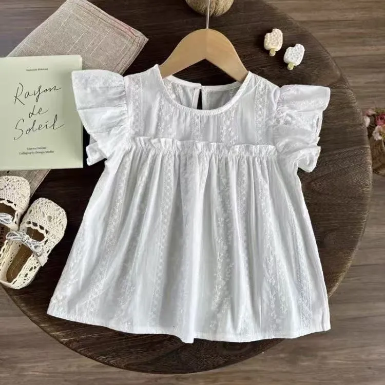 女童衬衫夏装2025新款儿童提花上衣小飞袖衬衣纯棉夏款娃娃衫童装