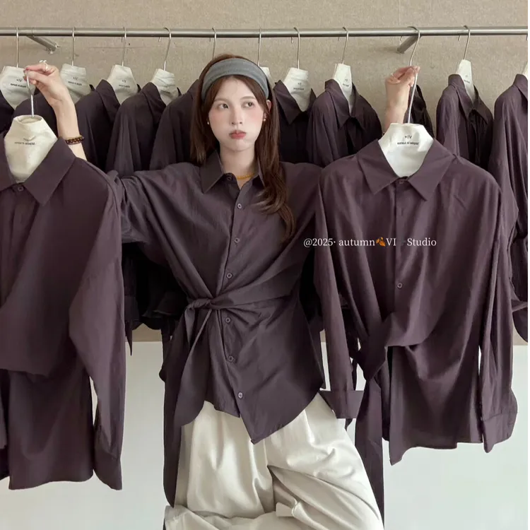 薄款秋季单排多扣绑带衬衫女时尚外套ins风休闲风韩版纯色不规则