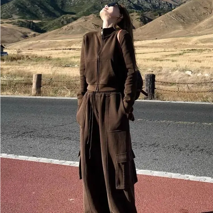 胖mm美拉德加绒运动套装女秋冬大码300斤短款卫衣+阔腿长裤两件套