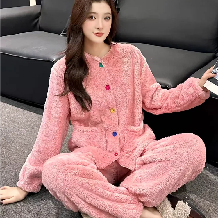 冬季加绒睡衣加厚颗粒绒纯色彩扣女可爱休闲纽扣家居服套装#723-5