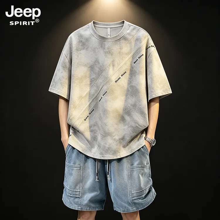 JEEPSPIRIT吉普套装男夏季美式时尚短袖短裤潮流宽松设计感两件套