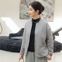 麻享【加绒小毛球】汉麻棉文艺长袖短外套圆领开衫撞色卫衣FSY51072