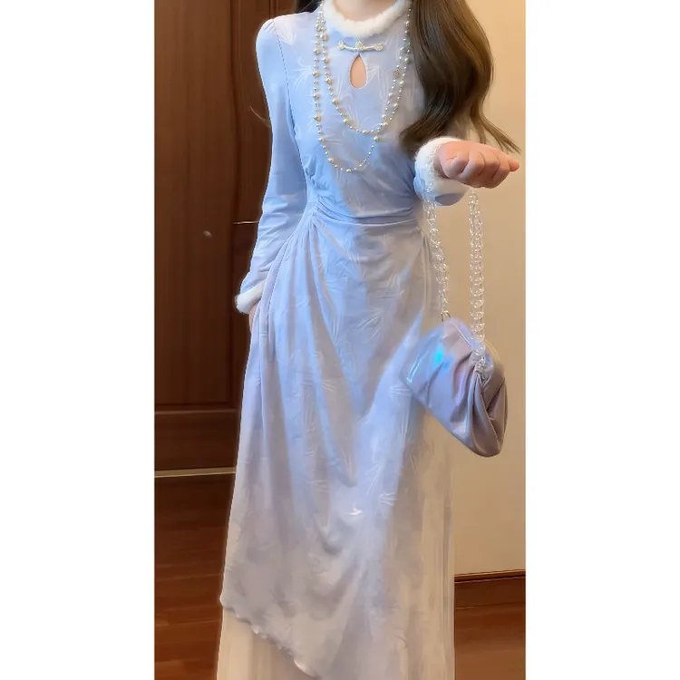 秋冬新中式国风弹力针织加绒改良旗袍连衣裙收腰气质长裙9838