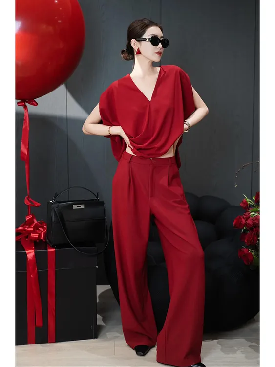 2025超火春装一整套时尚高级感红色醋酸缎面衬衫休闲阔腿裤套装女