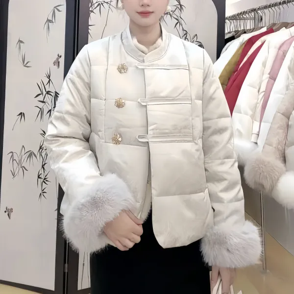 冬季新中式重工三颗水晶大钻扣毛毛袖口国风石墨烯云绒棉服提花