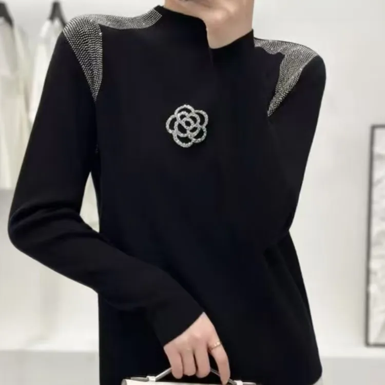 时尚烫钻亮闪闪山茶花打底针织衫纯色修身显瘦毛衣单穿半高领毛衣