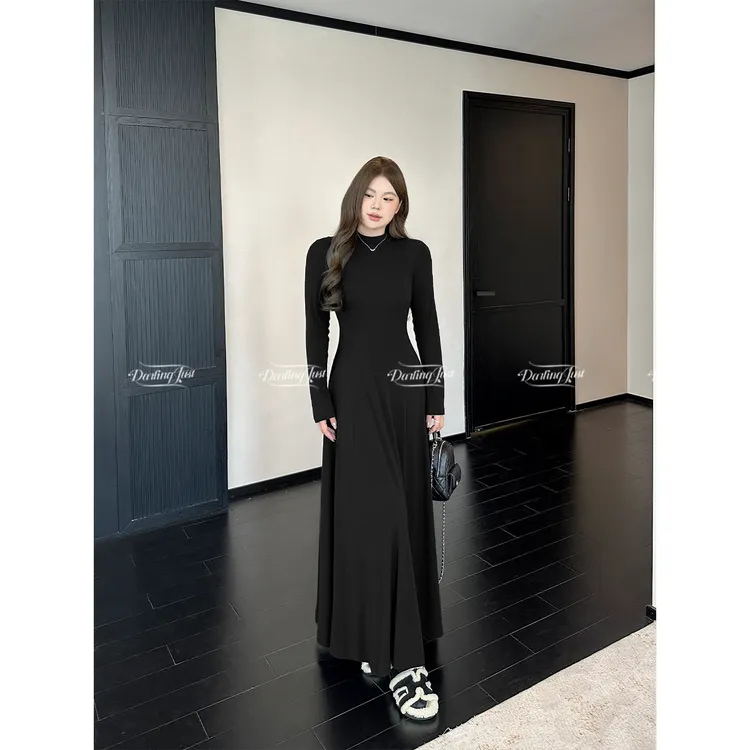 DarlingJust小野墩墩[极简暖绒]冬半高领加绒收腰长裙内搭A连衣裙