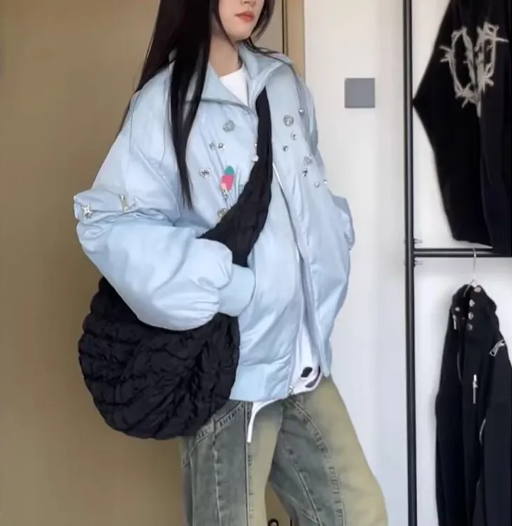 美式复古设计感镶钻蓝色棉服女2025冬季新款韩版飞行员夹克棉袄潮