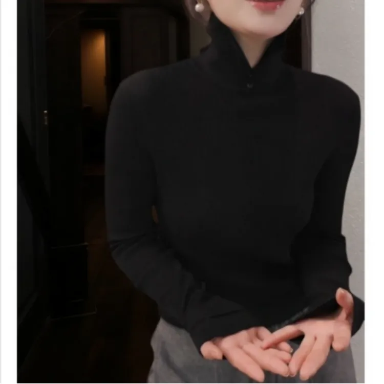 新款纯色POLO领女翻领针织衫打底毛衣上衣LK2507168