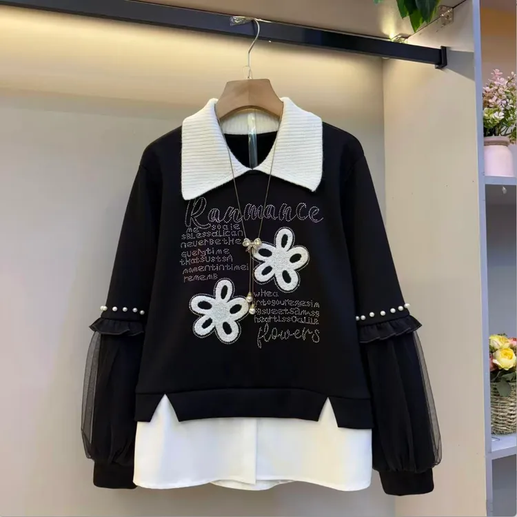 秋冬新款微胖欧货显瘦时尚洋气休闲百搭花朵字母装饰加绒卫衣