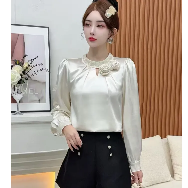 2025春季法式复古立体花朵长袖衬衣女缎面小衫修身衬衣打底衫上衣