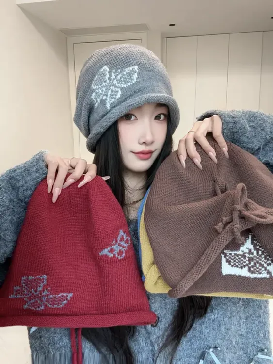 冬季蝴蝶卷边堆堆帽护耳保暖针织帽子显脸小百搭包头帽子女潮冷帽